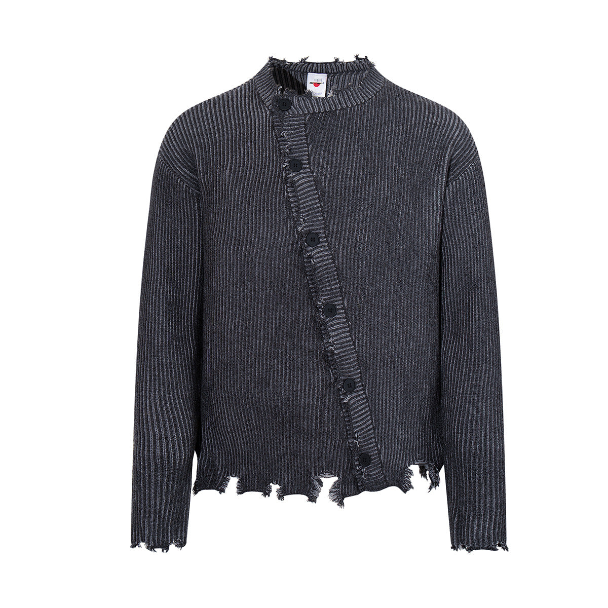 Washed grey distressed ribbed knit cardigan with asymmetric diagonal button placket and frayed hem, front and back view
