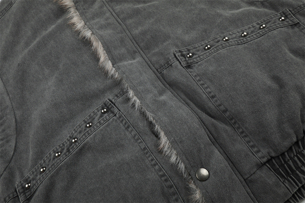 Men's Faux Fur-Lined Bomber Jacket – Studded Workwear Cotton Padded Coat