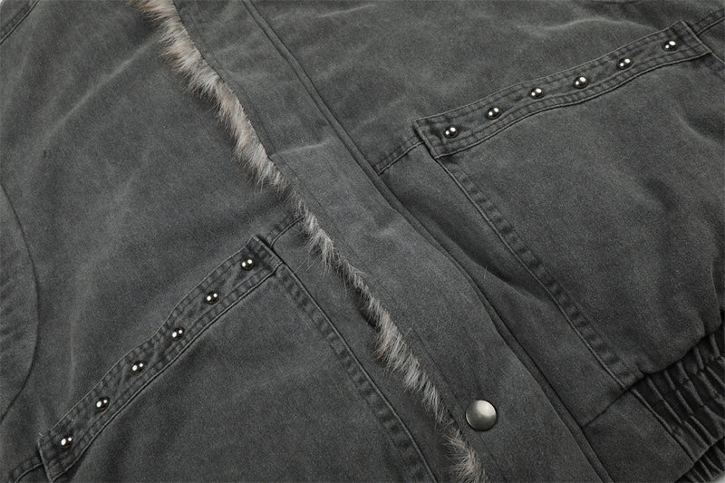 Men's Faux Fur-Lined Bomber Jacket – Studded Workwear Cotton Padded Coat