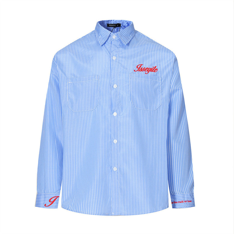 Men's oversized blue and white striped long sleeve shirt with red embroidered script on chest and back yoke