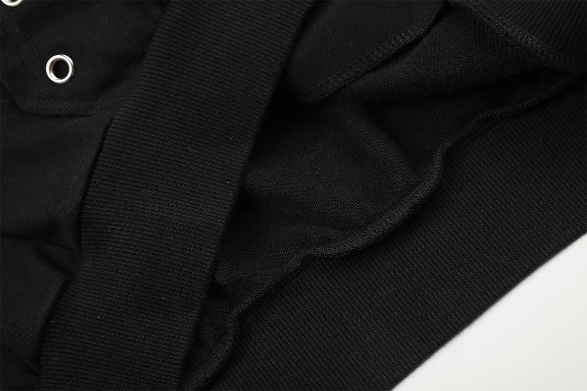 Washed Black Stripe Zip-Up Hoodie with Grommet Detail