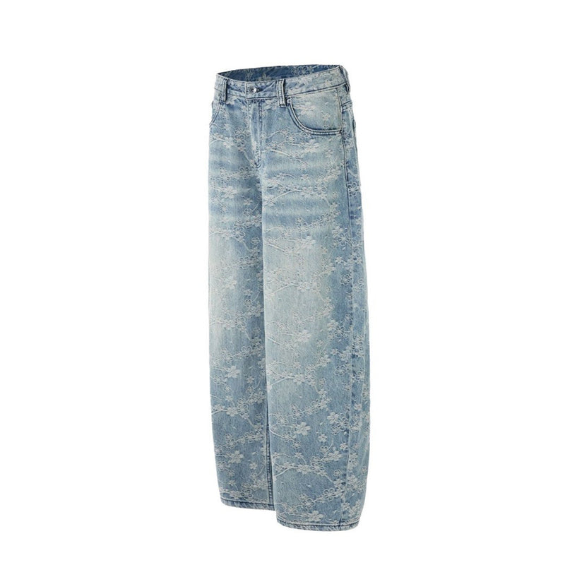 Loose Fit Wide-Leg Jeans – Floral Lace Embroidery, Washed Light Blue Denim