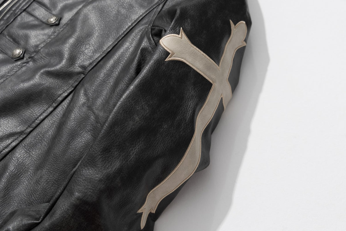 Gothic Cross Moto Jacket – Padded Faux Leather with Military Buttons & Cross