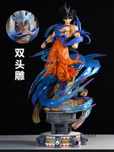 The Seakoff Goku Dual Head Collectible Figure is a 49cm detailed statue in orange and blue, resembling Super Saiyan Blue from Dragon Ball Z. It stands on a base with blue energy effects and includes both Super Saiyan Blue and Ultra Instinct head sculpts, featuring Chinese characters on the left.