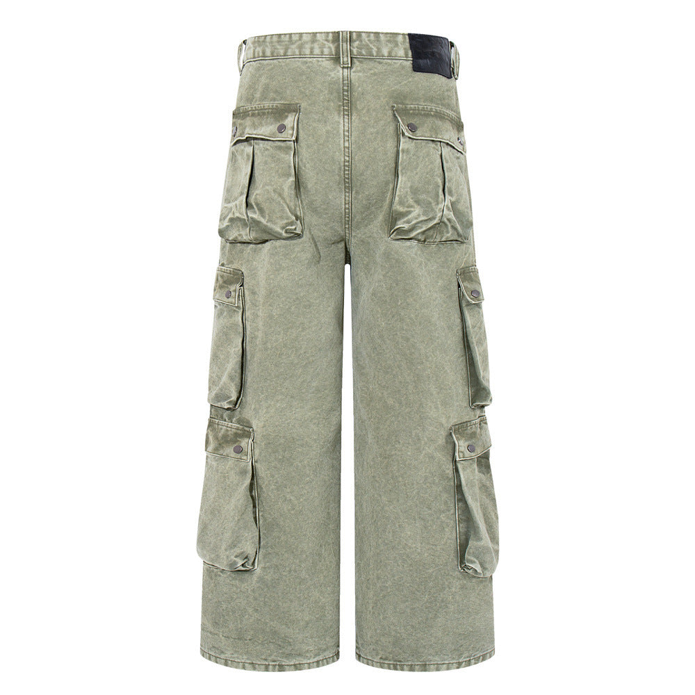 Wide-Leg Cargo Pants with Tribal Graphic & Letter Print – Acid Wash Army Green