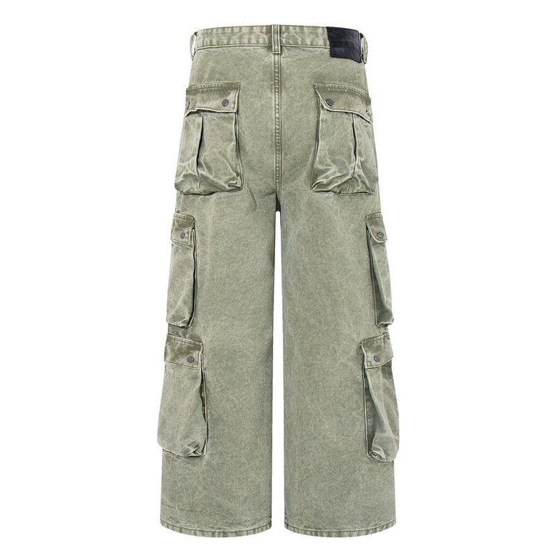 Wide-Leg Cargo Pants with Tribal Graphic & Letter Print – Acid Wash Army Green