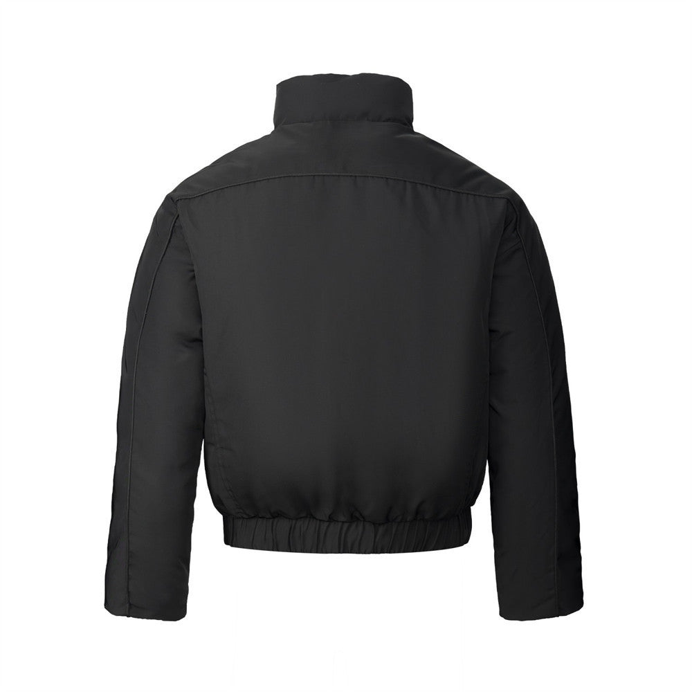 Oversized Puffer Bomber Jacket – Stand Collar, Geometric Seam Detail