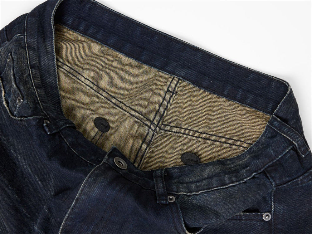 Men's Dark Wash Ripped Wide-Leg Jeans – Distressed Streetwear Denim