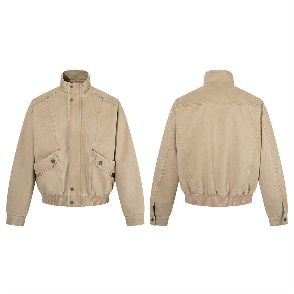 Blouson bomber vintage délavé – Veste homme oversize kaki avec grandes poches cargo