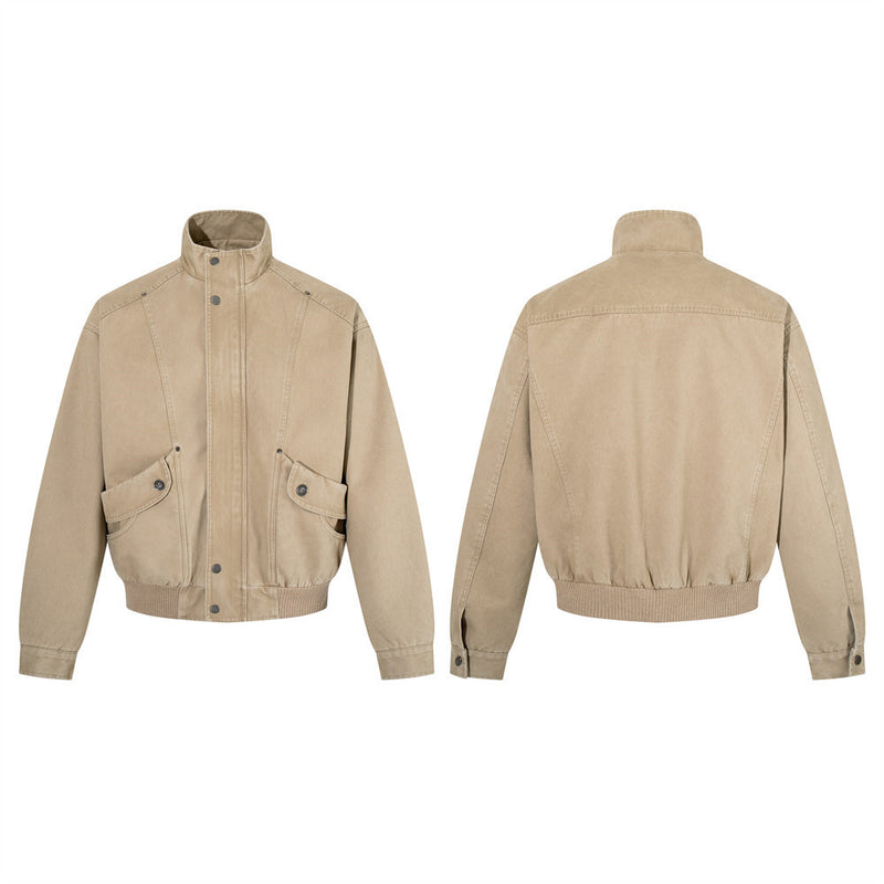 Blouson bomber vintage délavé – Veste homme oversize kaki avec grandes poches cargo