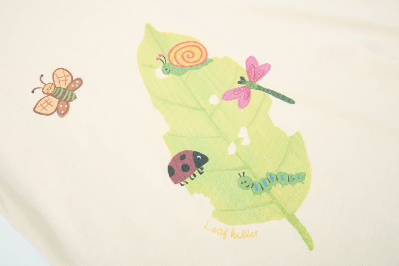 Cartoon Insect & Leaf Print Cotton T-Shirt