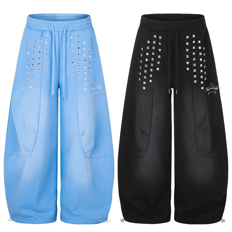 Wide-Leg Sweatpants with Square Stud Embellishments and Drawstring Waist