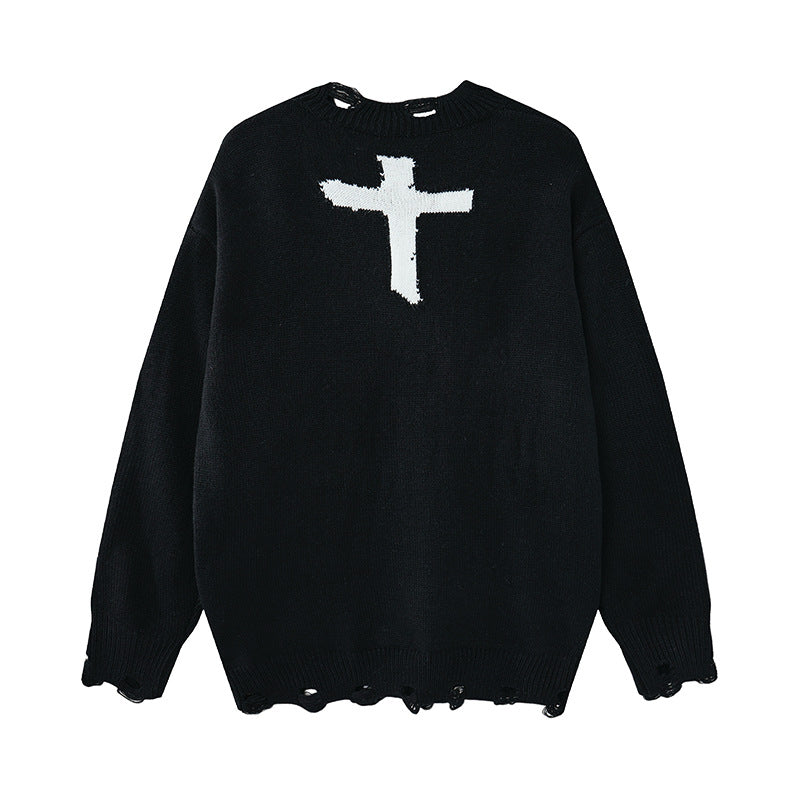 Oversize-Kreuz-Strickpullover – Distressed-Rundhals mit Jacquard-Kreuz