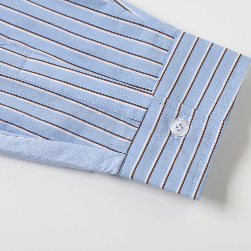 Men's Light Blue Striped Long-Sleeve Button-Down Shirt with Letter Embroidery