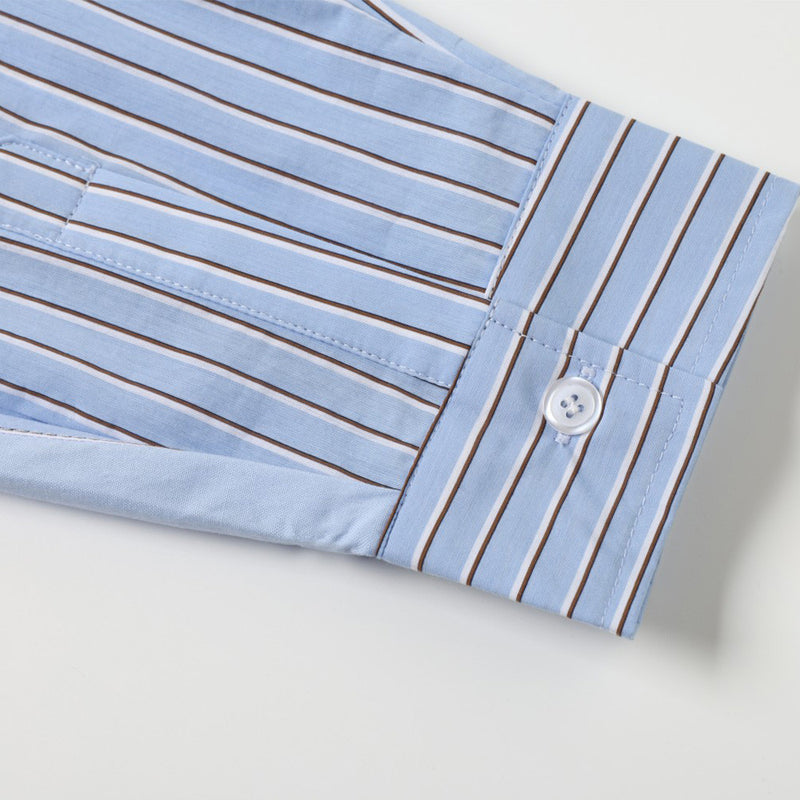 Men's Light Blue Striped Long-Sleeve Button-Down Shirt with Letter Embroidery