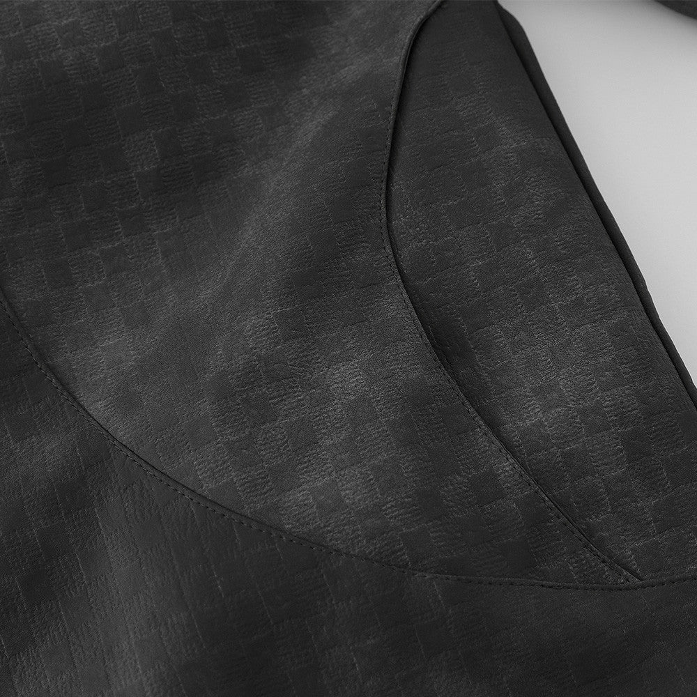 Herrenjacke mit dunkler Textur, Reißverschluss und dekonstruierter Panelnaht