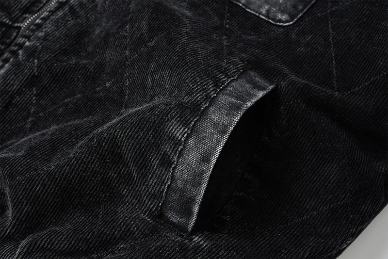 Quilted Corduroy Bomber Jacket – Acid-Washed Raw-Edge Baseball Jacket