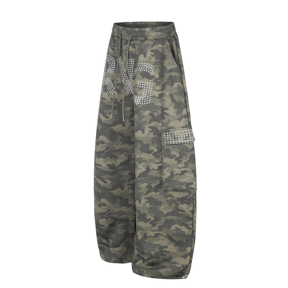 Men's Camo Wide-Leg Cargo Pants with Rhinestone Letters & Multi-Pocket Design