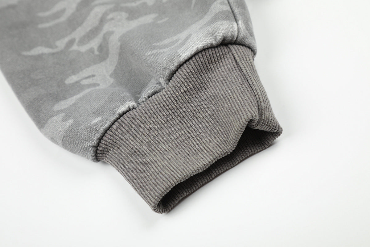 Sudadera con capucha y cremallera de lavado ácido con paneles de camuflaje – Chaqueta streetwear oversize con cruz