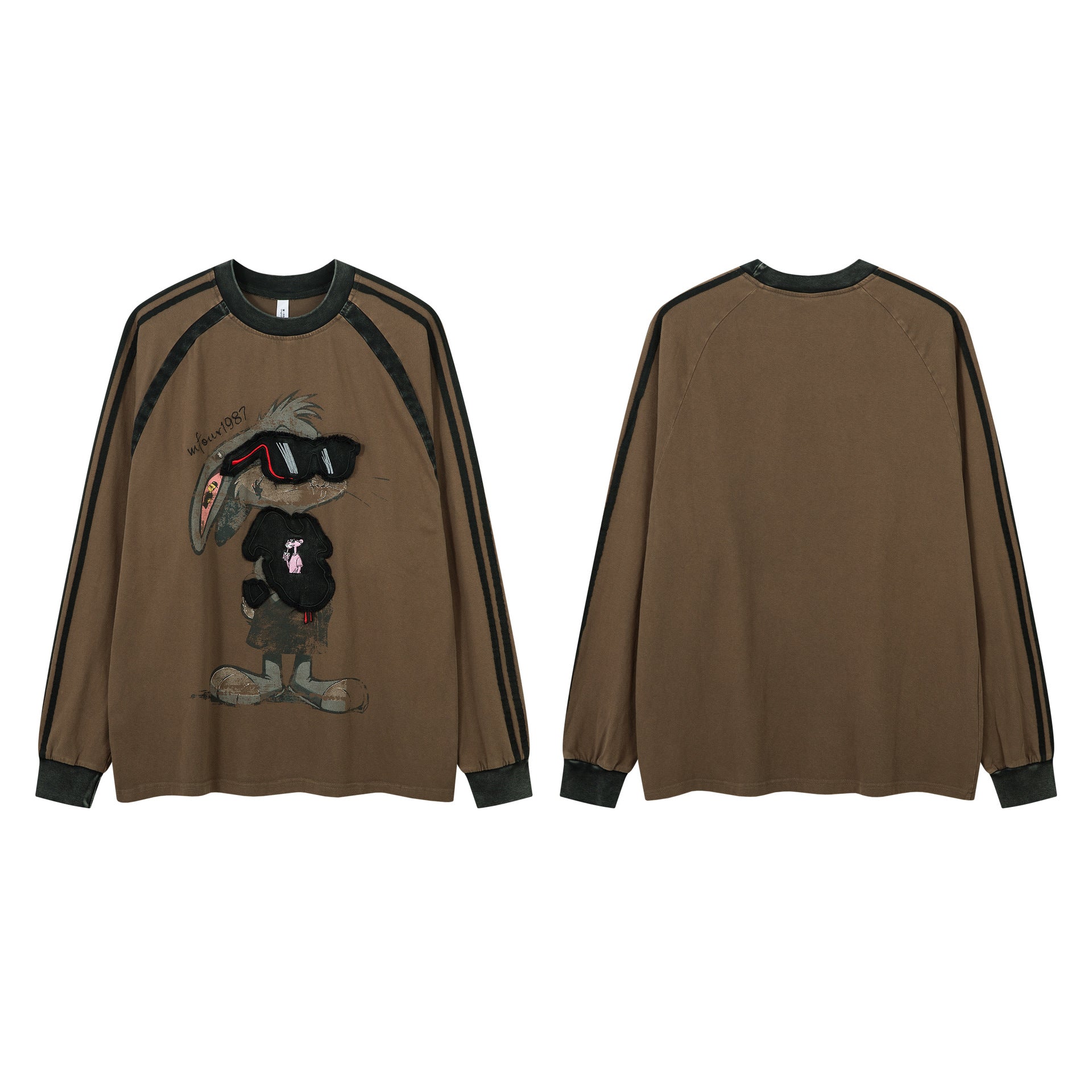 T-shirt graphique à manches longues – Imprimé écusson lapin streetwear, rayures et manches raglan