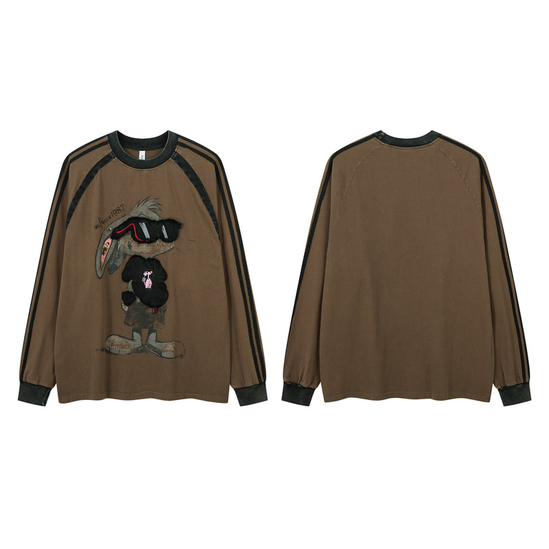 T-shirt graphique à manches longues – Imprimé écusson lapin streetwear, rayures et manches raglan