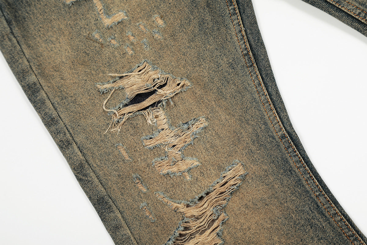 Distressed Straight-Leg-Jeans – Vintage-Washed-Ripped-Denim mit Dirty-Dye