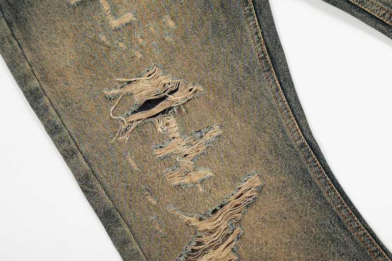 Distressed Straight-Leg-Jeans – Vintage-Washed-Ripped-Denim mit Dirty-Dye