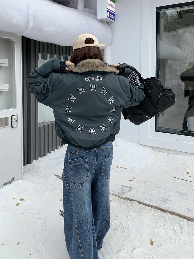 Blouson bomber homme à col en fourrure – Broderies papillons et manches froncées