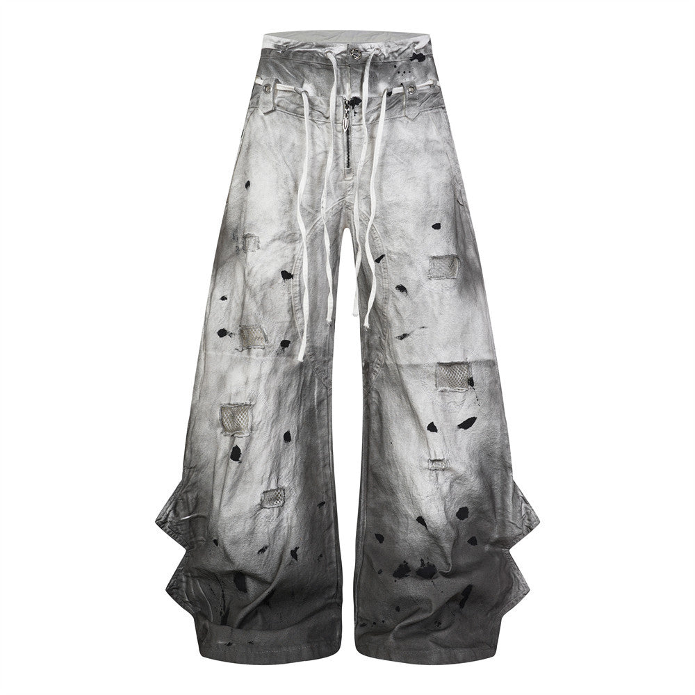 Distressed Wide-Leg Jeans | Grunge Punk Dirty-Wash Double Waistband Pants