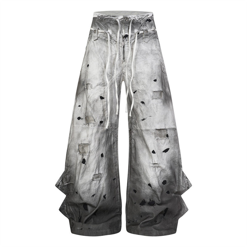 Distressed Wide-Leg Jeans | Grunge Punk Dirty-Wash Double Waistband Pants