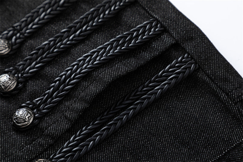 Men's Black Wide-Leg Jeans with Double-Breasted Buttons & Braided Detail