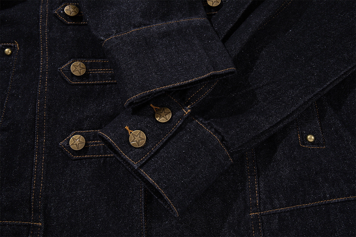 Military-Style Denim Jacket with Napoleon Stand Collar and Gold Star Buttons