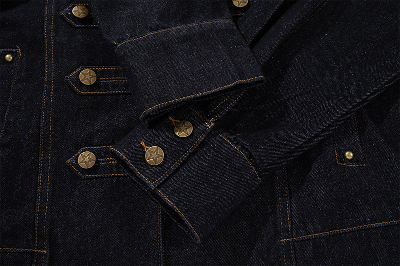Military-Style Denim Jacket with Napoleon Stand Collar and Gold Star Buttons