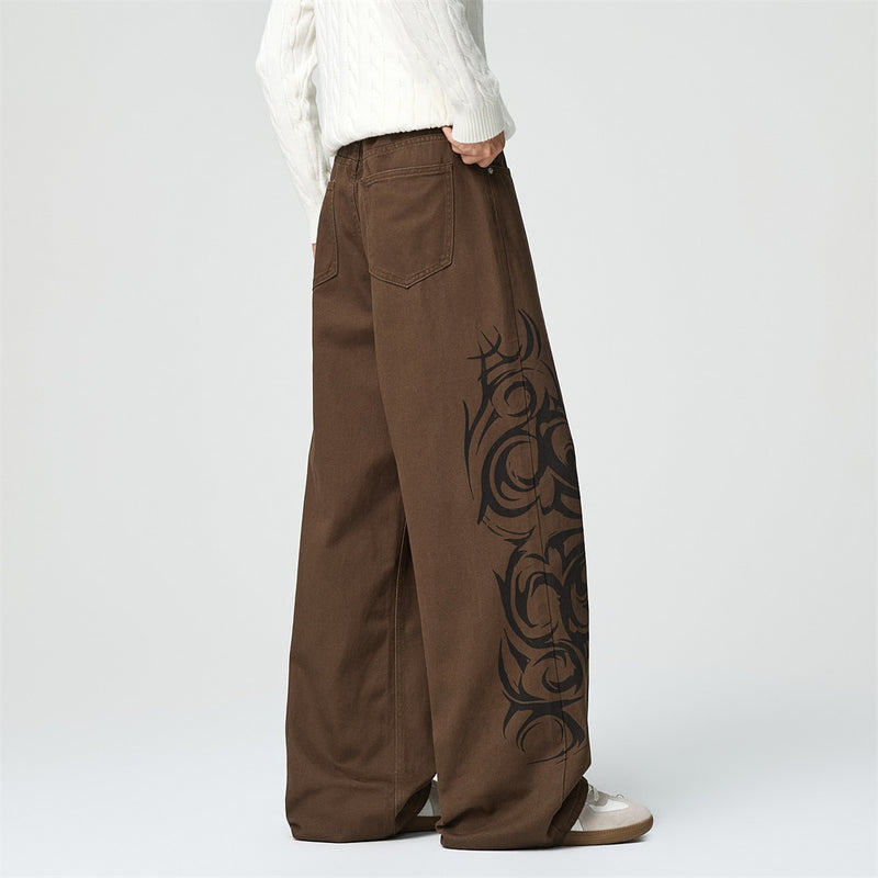 Tribal Print Wide-Leg Jeans – Men's Streetwear Straight Baggy Pants