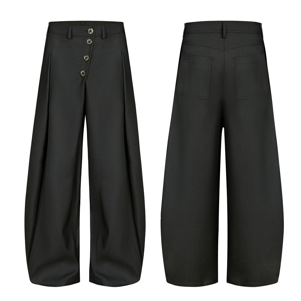 Wide-Leg Pleated Trousers – Diagonal Button Fly, Relaxed Silhouette