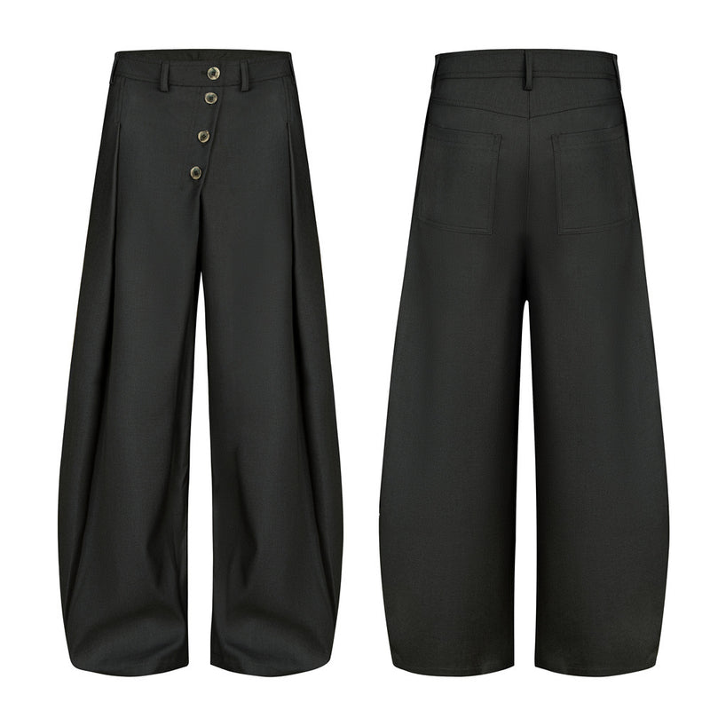 Wide-Leg Pleated Trousers – Diagonal Button Fly, Relaxed Silhouette