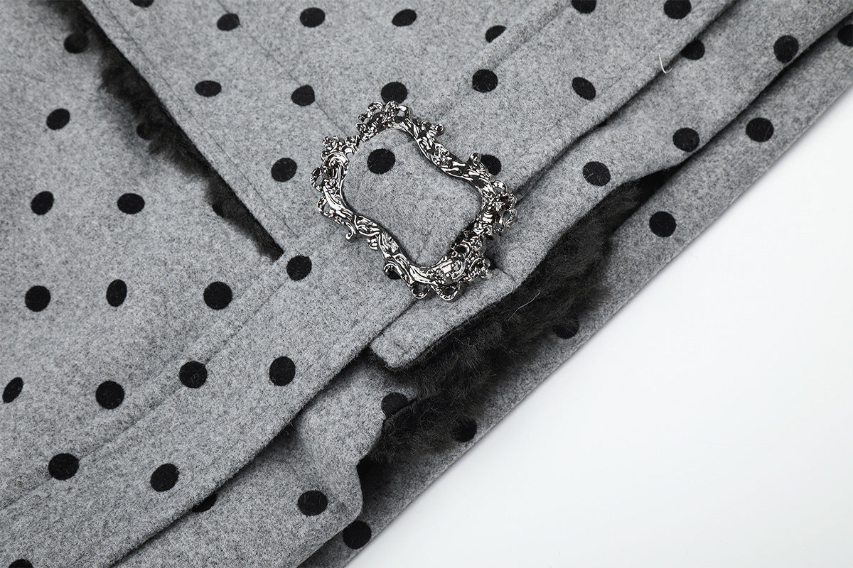 Polka Dot Wool-Blend Jacket with Faux Fur Collar – Oversized Retro Outerwear