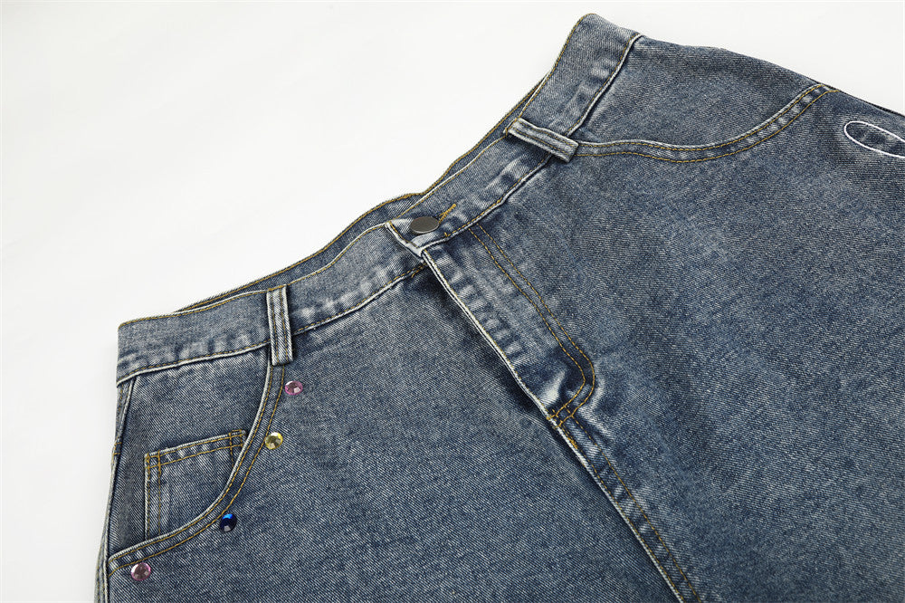 Men's Wide Leg Denim Shorts with Rhinestone Script Embroidery