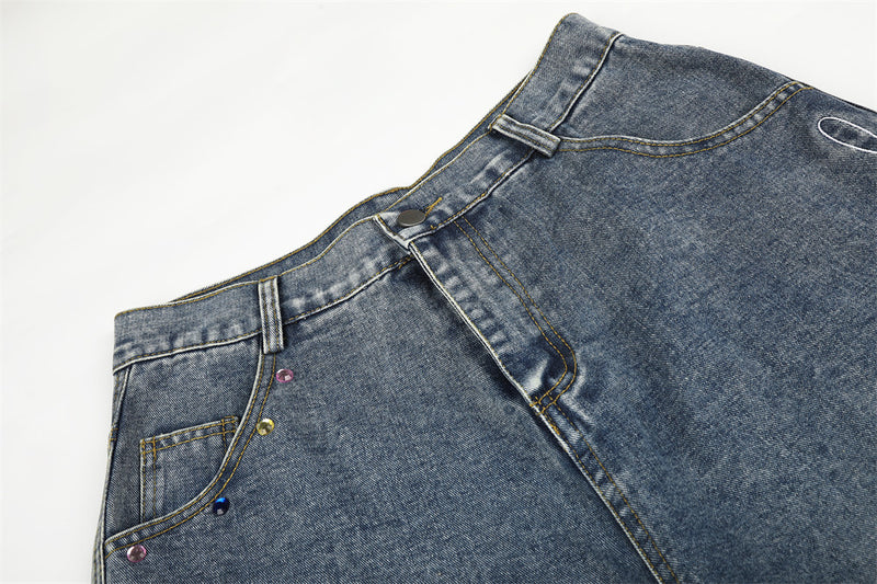 Men's Wide Leg Denim Shorts with Rhinestone Script Embroidery