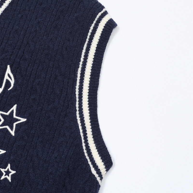 V-Neck Cable Knit Sweater Vest with Music Note Embroidery & Striped Tie Detail