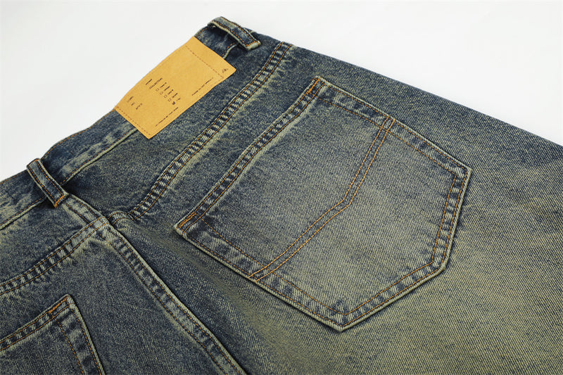 Wide-Leg Jeans Men's American Vintage Washed Distressed Denim Pants