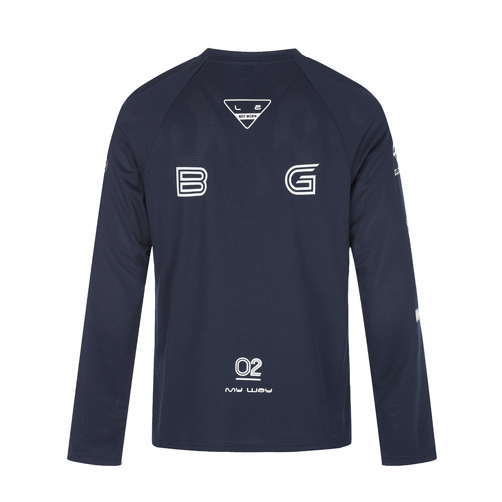 Navy long sleeve crew neck shirt back with B and G logo prints and O2 detail