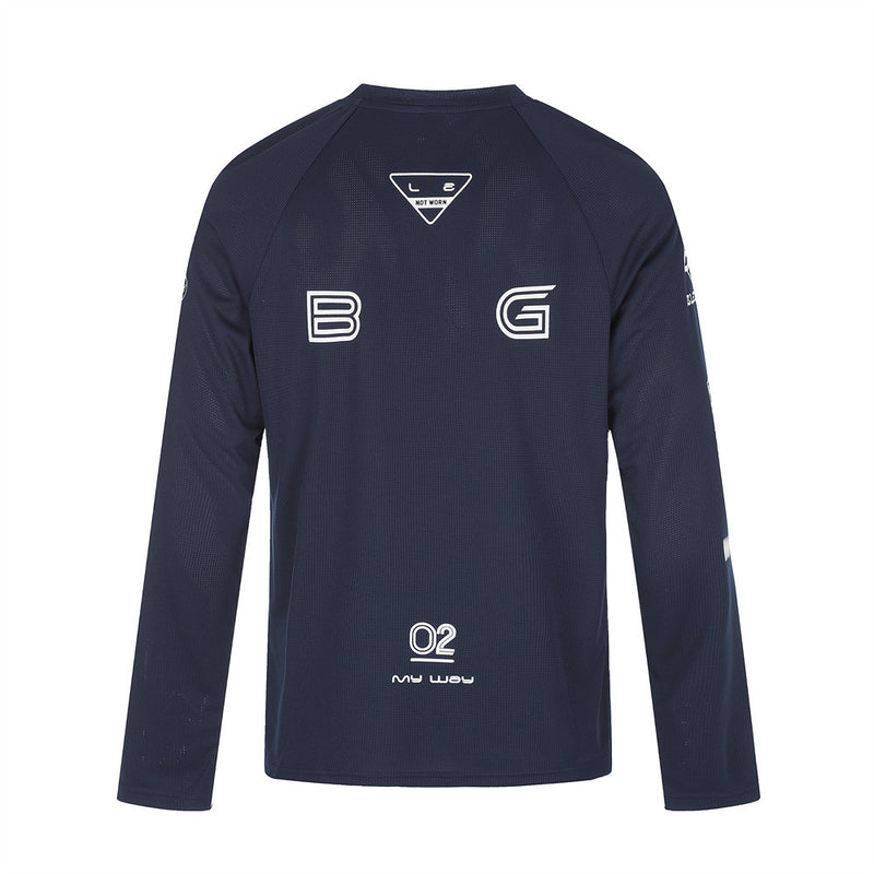Navy long sleeve crew neck shirt back with B and G logo prints and O2 detail