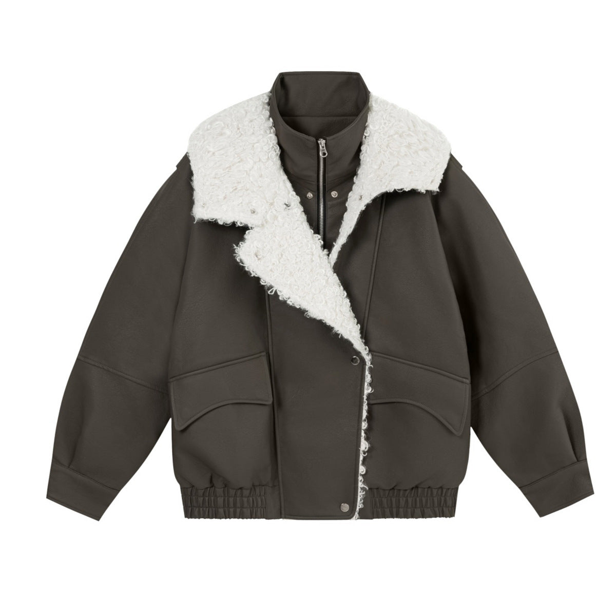 Veste en simili cuir et fourrure, bomber oversize à col sherpa