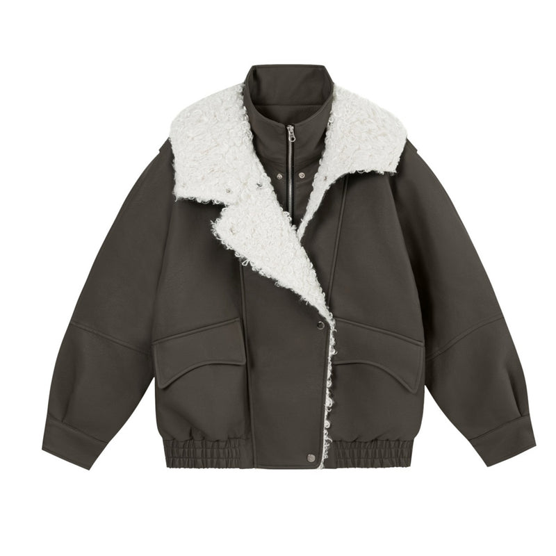 Veste en simili cuir et fourrure, bomber oversize à col sherpa
