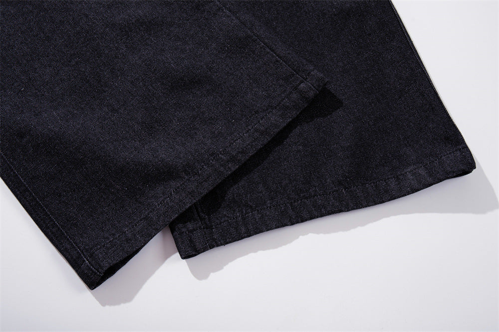 Wide-Leg Jeans – Gothic Cross & Sword Print Black Denim, Baggy High-Street Fit