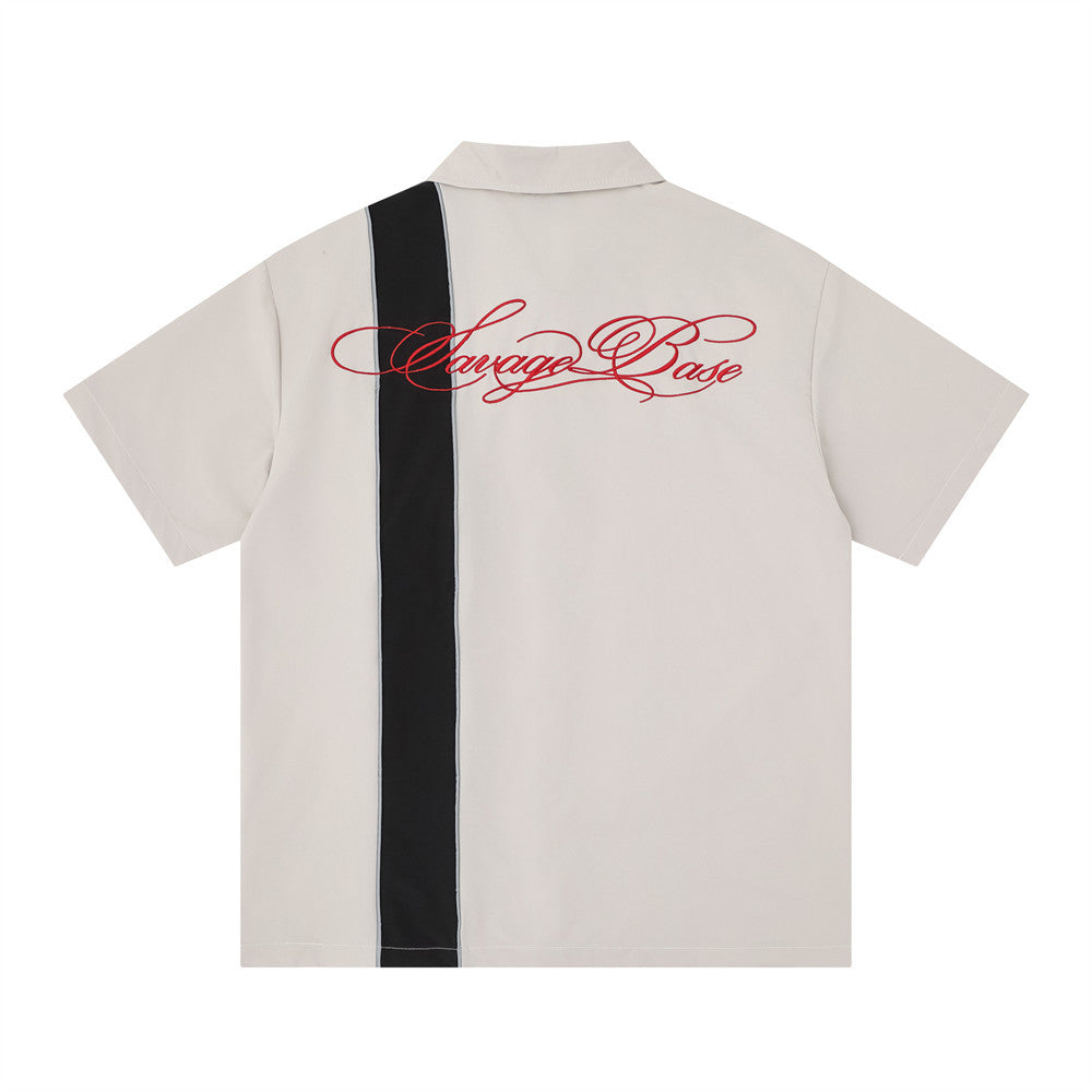 Savage Base Colorblock Bowling Shirt – Short Sleeve Button-Up with Script Logo