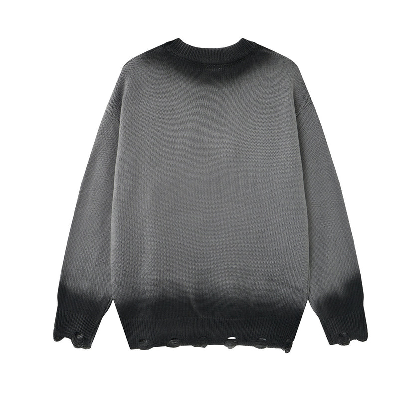 Pull col rond en maille – Graffiti usé, dégradé délavé à l’acide