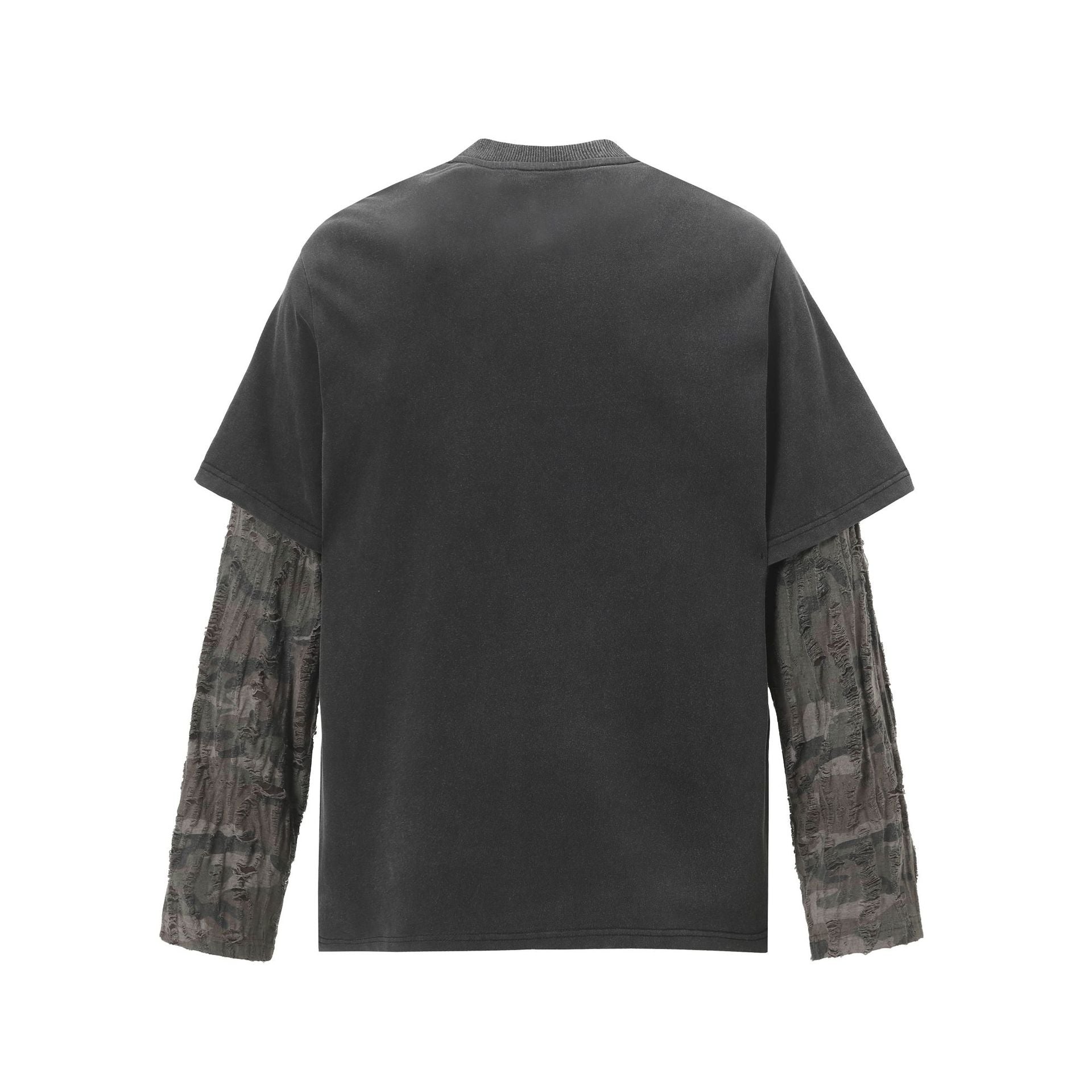 T-shirt manches longues à manches camouflage usées, effet deux pièces – Streetwear noir délavé