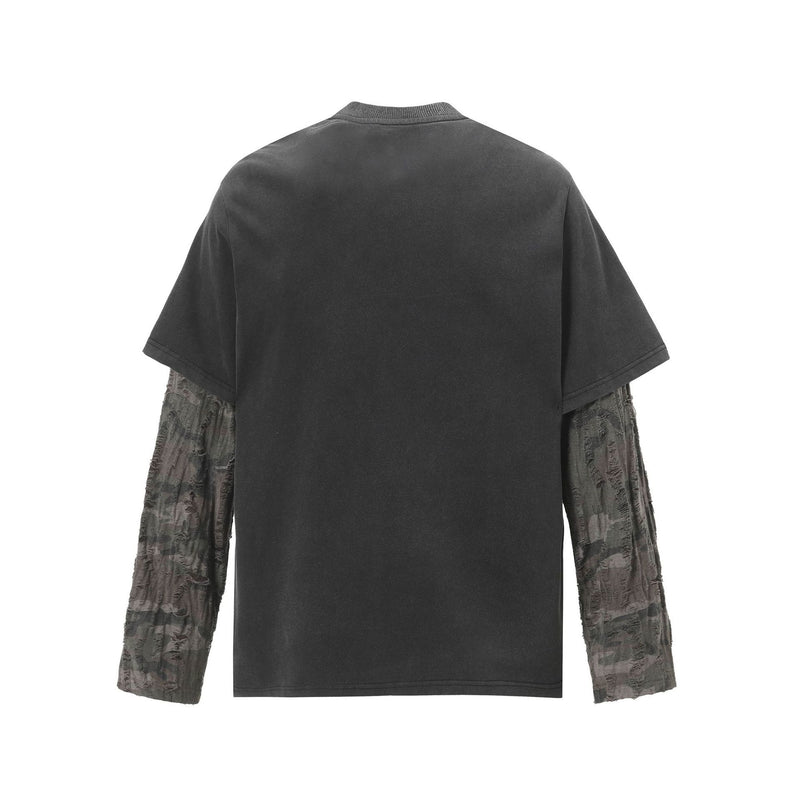 T-shirt manches longues à manches camouflage usées, effet deux pièces – Streetwear noir délavé